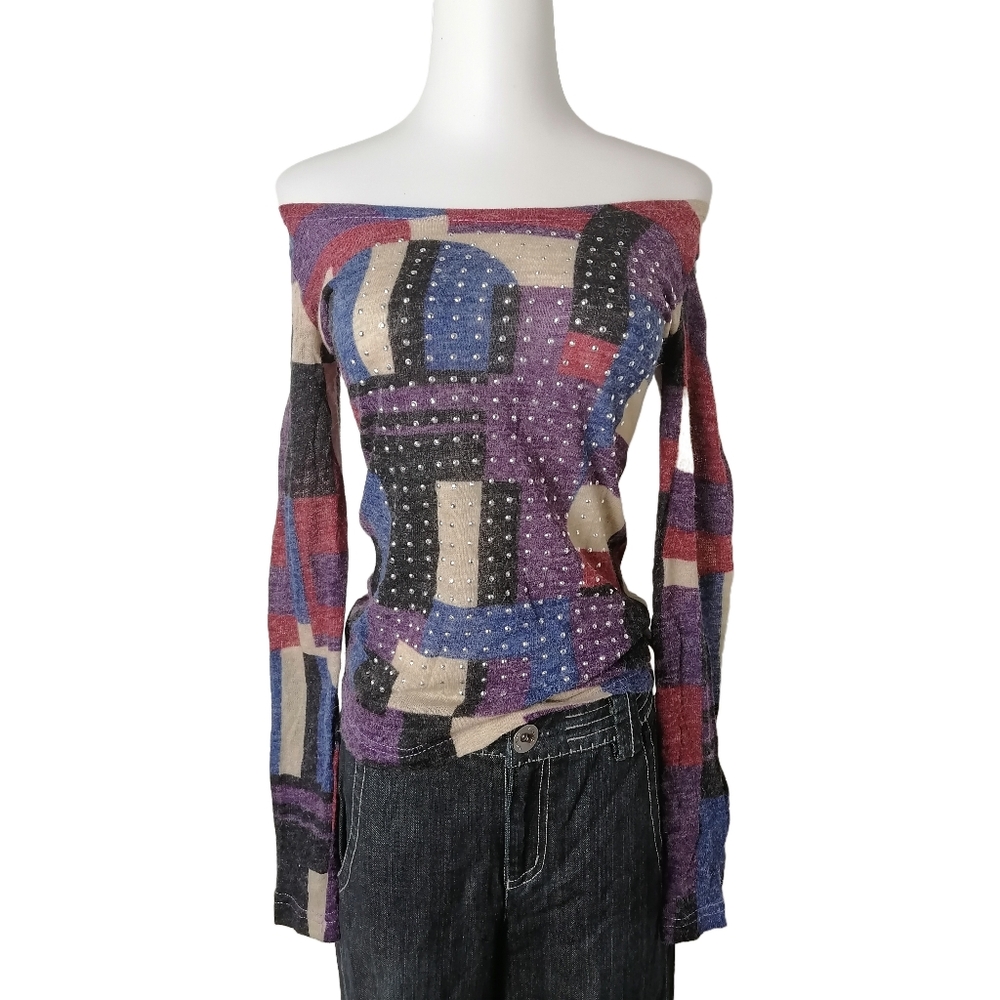 🍡 S/M，geometric pattern bateau neck / off the shoulder long sleeve pullover